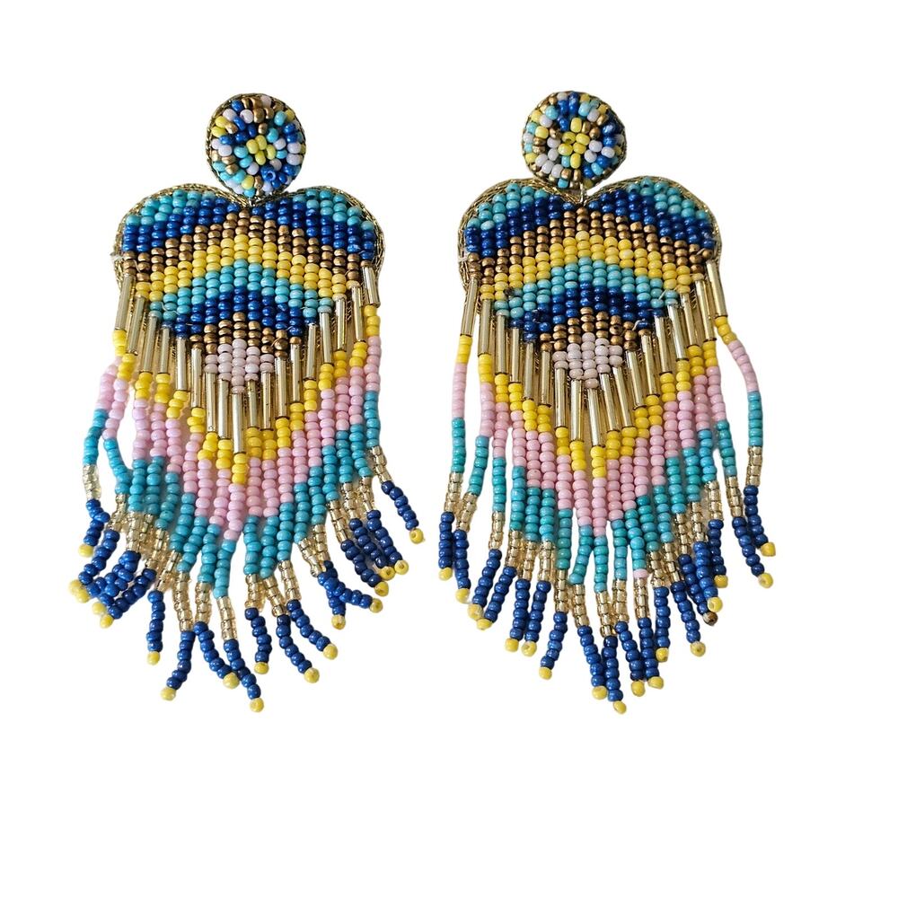 Beaded Fringe Heart Chevron Striped Earrings